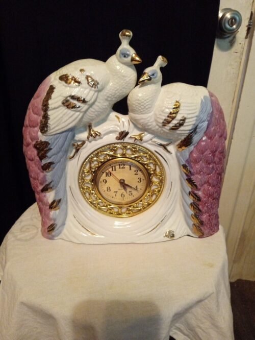 Peacock Ceramic table Clock Gold Art Nouveau Vintage Working