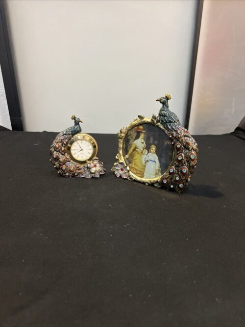 Peacock Table Clock-Photo Frame-Blue , Green, and Gold Art Nouveau. New Battery