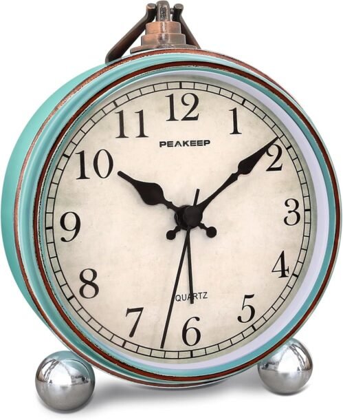 Peakeep 4" Retro Analog Alarm Clock, Silent, Battery Operated, Desk Decor