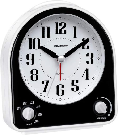 Peakeep Analog Alarm Clock Non-Ticking Silent, Optional 7 Wake-Up Sounds with Vo