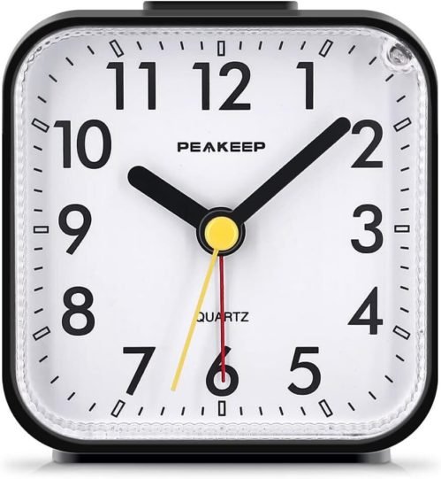 Peakeep Small Battery Operated Analog Travel Alarm Clock Silent No Ticking, L...
