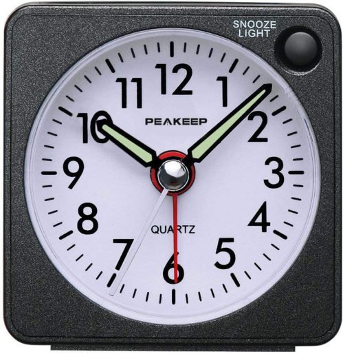 Peakeep Ultra Small, Battery Travel Alarm Clock with Snooze and Light, Silent wi