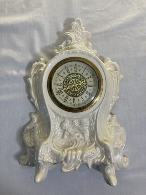 Pearlescent Vintage Kentocs Porcelain Mantel Clock: 1980S 11.5” Height, 8” Wide