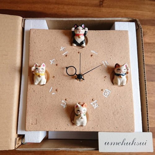 Pendulum Clock Wall Lucky Cat SETO Japanese Ware Porcelain Manekineko Four Cats
