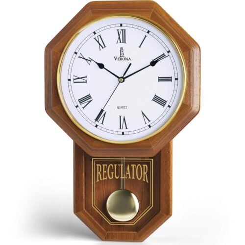 Pendulum Wall Clock Battery Operated - Real Wood Regulator Clock - Schoolhous...