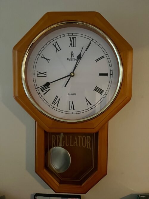 Pendulum Wall Clock Battery Operated - Real Wood Regulator Clock - Schoolhouse