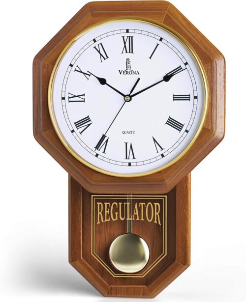 Pendulum Wall Clock Battery Operated - Regulator Clock - Wooden Schoolhouse Wall