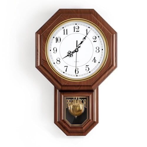 Pendulum Wall Clock Battery Operated, Imitation Wood Plastic Regulator Clock wit
