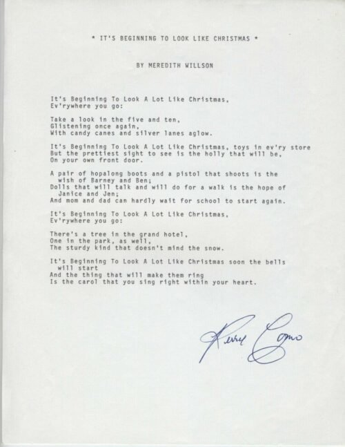 PERRY COMO SINGER TYPED QUOTE SIGNED BRGINNING LOOK LIKE CHRISTMAS ORIGINAL