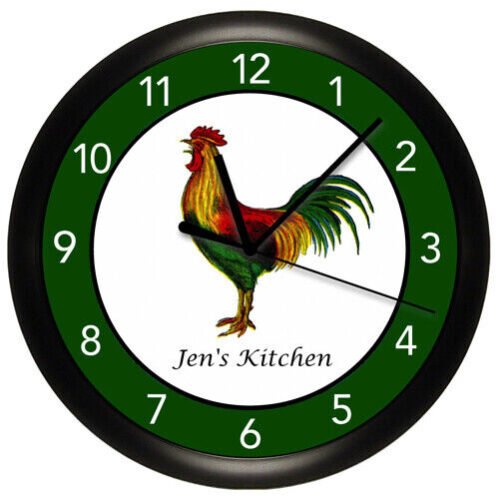 Personalized Clock - Rooster, Green Border, Kitchen, Farm Animal