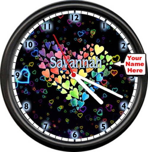 Personalized Love Hearts Colorful & Black Background With Your Name Wall Clock