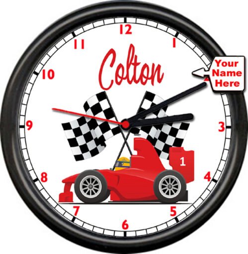 Personalized Name Boys Race Car Formula 1 Racing Flags Custom Sign Wall Clock