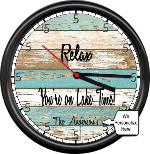 Personalized Your Name Lake Cabin Beach Time Rustic Wood Look Sign Wall Clock
