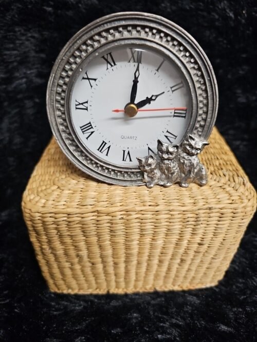 Pewter Desk Clock With 3 Cats In Working Order