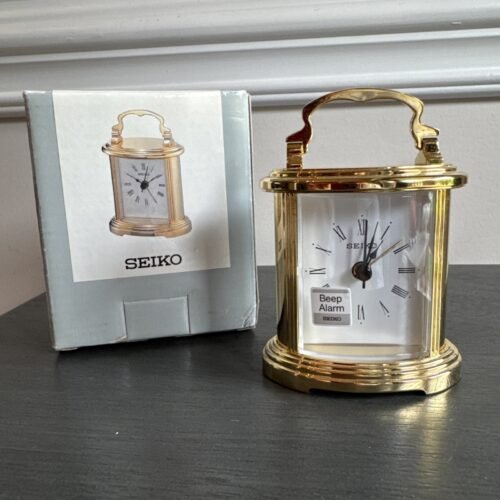 Peyton Carriage Alarm Clock Seiko 4" Desk And Table - Gold Tone Metal Case NEW