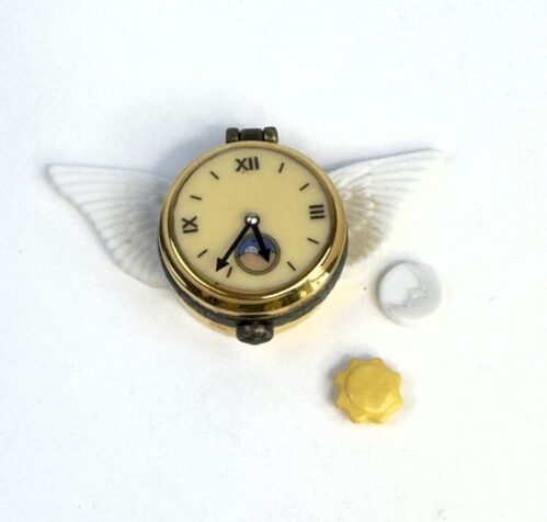 PHB Porcelain Hinged Trinket Box Time Flies Clock With Wings Sun And Moon