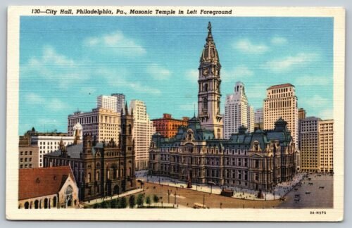PHILADELPHIA PA City Hall Masonic Temple 1946 clock tower vtg linen Postcard A68