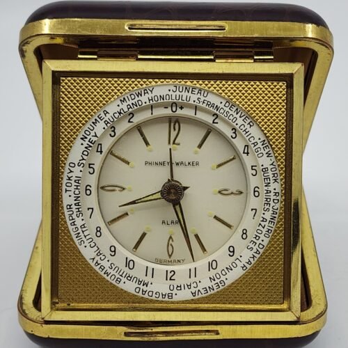 Phinney Walker Travel Alarm Clock World Time MADE IN GERMANY Gold Tone WORKS