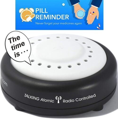 Pill Reminder Atomic Talking Alarm Clock w/ 8 Wake Up Alarms for Elderly Mom Dad