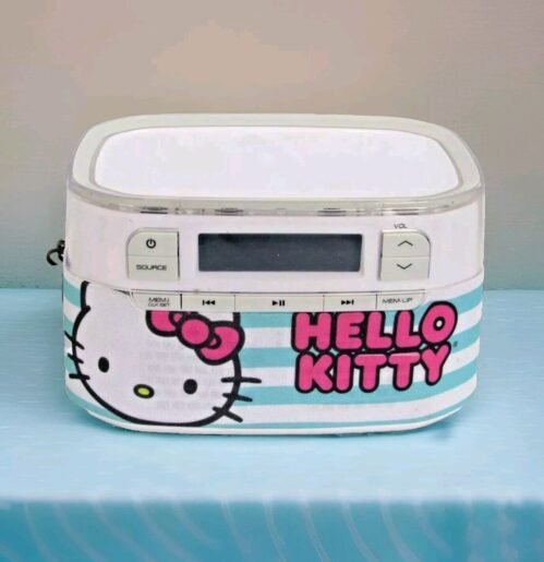 Pink & Blue Stripe Hello Kitty AM/FM Radio Alarm Sanrio USB Works Great!! #ZT