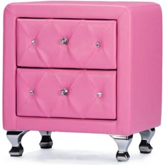 Pink/Chrome 2 Drawer 21 in. W Nightstand with Tufted Leather Upholstery