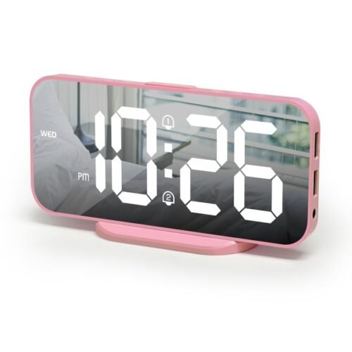 Pink Digital Alarm Clock for Girls Dual Alarms Snooze 2 USB Charging Ports
