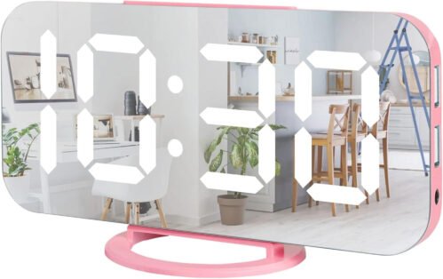 Pink Digital Alarm Clock for Girls, Large LED Mirror Display,2 USB Charging Port