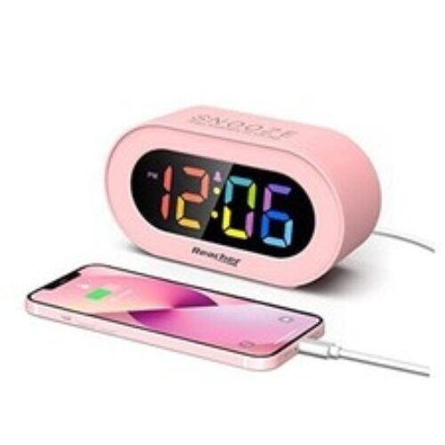 Pink Girls Alarm Clock, Dimmable Colorful LED Digital Display, USB Phone