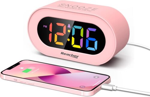 Pink Girls Alarm Clock, Dimmable Colorful LED Digital Display, USB Phone Charger