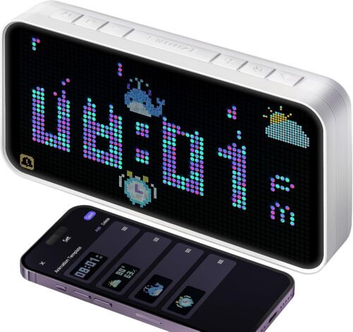 Pixelrise Smart Alarm Clock for Bedroom,Pixel Art LED Dot Matrix Display, Weathe