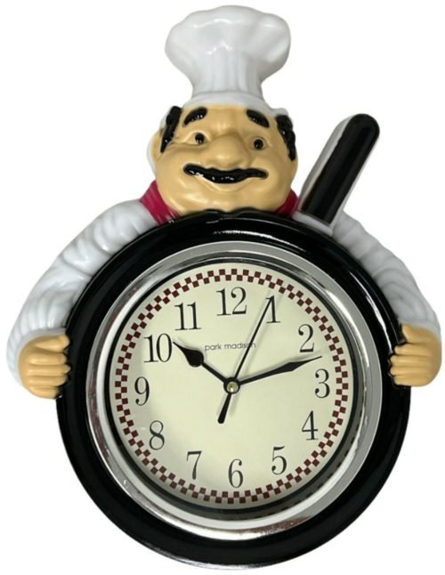 Plastic Kitchen Wall Clock, 11", FAT CHEF WITH FRYING PAN, black, Park Madison