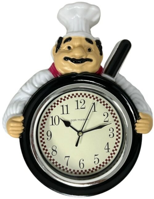 Plastic Kitchen Wall Clock, 11", FAT CHEF WITH FRYING PAN, black, Park Madison