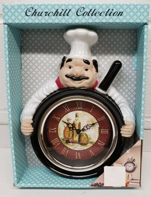 Plastic Wall Clock,10"x12",FAT CHEF WITH FRYING PAN#1,roman numbers,Churchill,sp