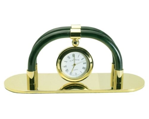 PLATINUM: GOLD W/GREEN MARBLE FINISH MESSAGE OR PAPERS HOLDER QUARTZ MINI CLOCK.