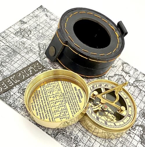 Pocket Sundial - Brass Pocket Sundial Compass with Leather Box - Vintage Styl...