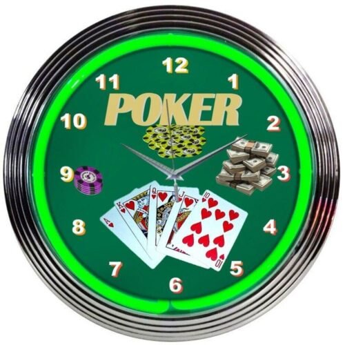 Poker Green Play Room 15" Neon Hanging Wall Clock 8POKER
