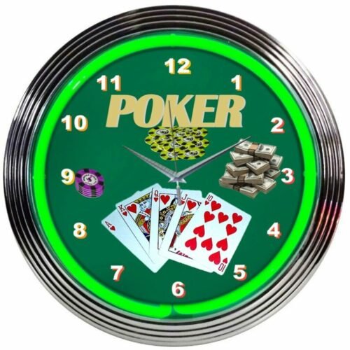 Poker Playing Cards Casino Green Neon Hanging Wall Clock 15" Diameter 8POKER