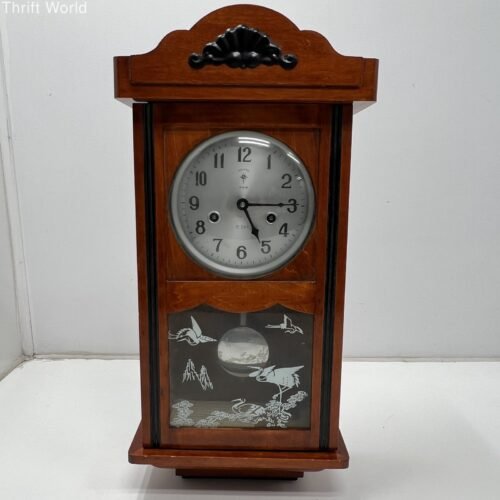 Polaris 15 Day Winding Wall Clock Wood Case Pendulum Crane Asian Motif