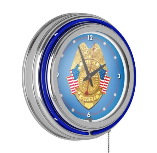 Police Officer Chrome Double Ring Neon Clock - OFFICALLY LICENSED ITEM!