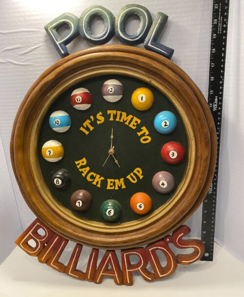 Pool / Billiards Hanging Wall Clock Display It's Time to Rack Em Up See Desc