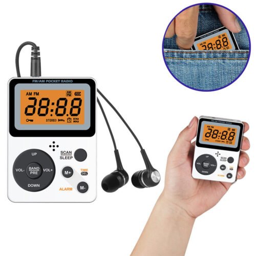 Portable AM/FM Mini Radio Alarm Clock Pocket Size With Headphones & LCD Screen