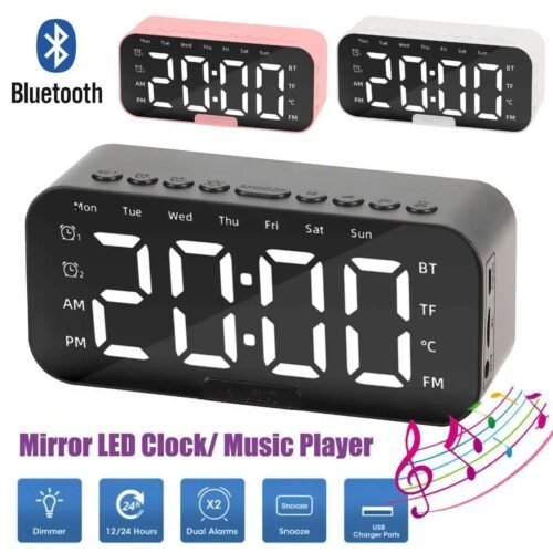 Portable Digital Alarm Clock FM Radio Wireless Bluetooth Mirror LED With Speaker