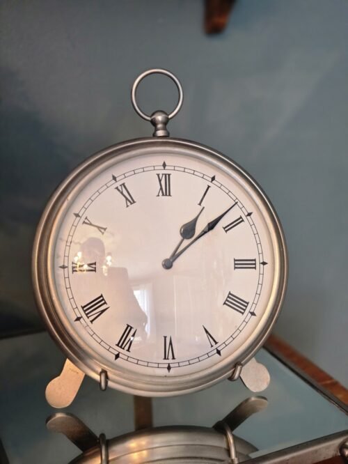 Pottery Barn Pocket Watch Clock with Stand or Wall Large 9" Silver Pewter