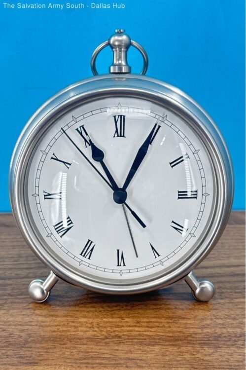 Pottery Barn Pocket Watch Style Mantle Desk Alarm Clock Silver Chrome - Works -