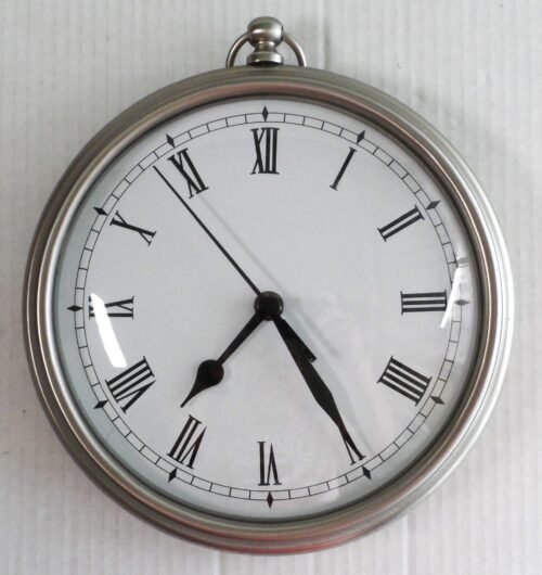 Pottery Barn Pocket Watch Wall Clock Heavy Brushed Silver Pewter Metal 9" Round.