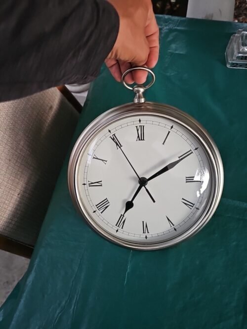 Pottery Barn Pocket Watch Wall Clock Heavy Brushed Silver Pewter Metal 9" Round