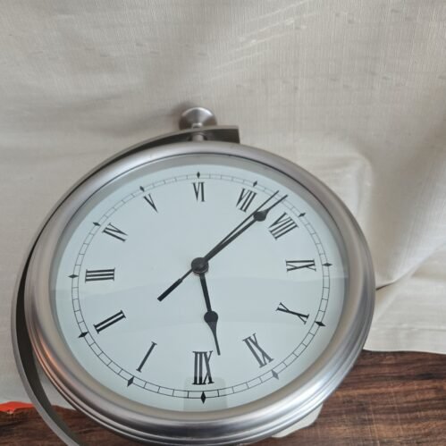 Pottery Barn Pocket Watch Wall Clock Heavy Brushed Silver Pewter Metal 9" Round