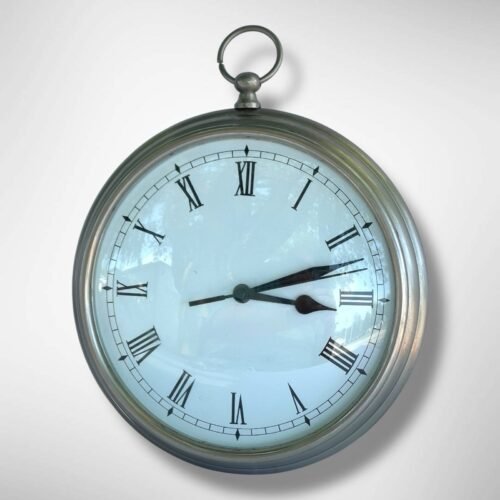 Pottery Barn Pocket Watch Wall Clock Heavy Brushed Silver Pewter Metal 9" Taiwan