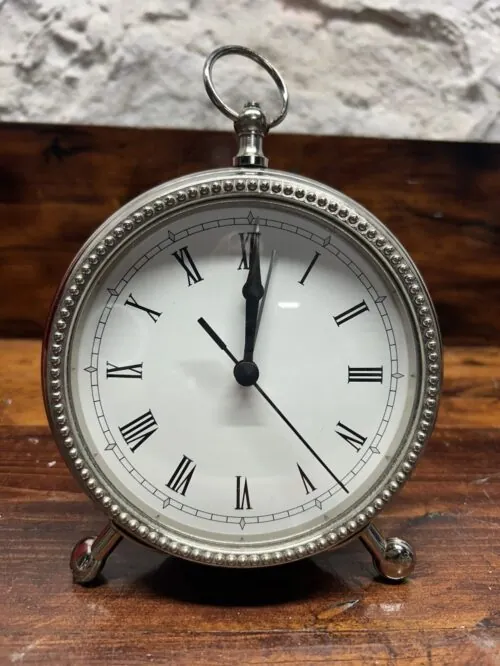 Pottery Barn Tabletop Clock Small Pocket Watch Style Alarm Silver Finish 5”
