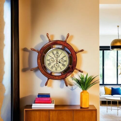 Premium Mahogany Ship Wheel World Wall Clock | Large Nautical Maritime Home 30"